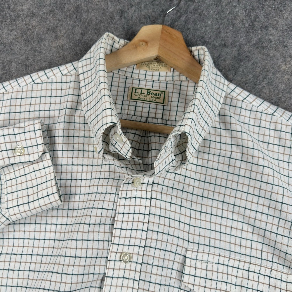 Vintage L.L.Bean Shirt Mens 17.5 34 White Check USA Single Needle‎ Long Sleeve